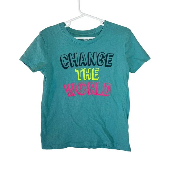 Old Navy Girls T Shirt Small 6-7 Blue Neon Green Pink Change The World Graphic - Picture 1 of 4